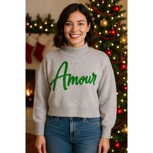 A New Day Grey "Amour" Sequin Mock Neck Sweater‎ Size S